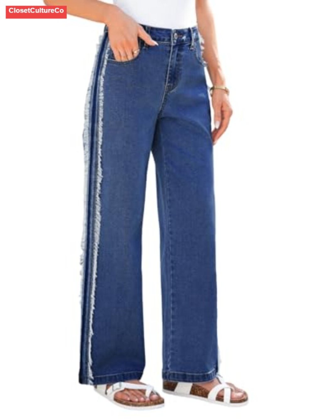 Wide Leg Patchwork Jeans High Waist Stretch Denim Pants Pockets